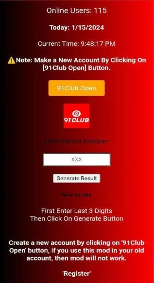 91 club hack app interface